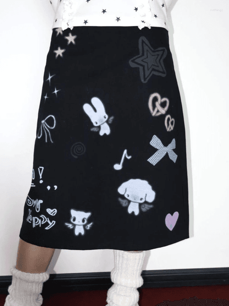 Skirts Y2k Aesthetics Sweet Cartoon Print Graffiti Harajuku Punk Slim Skirt Preppy Style All Match Japanese Cute Women Clothing