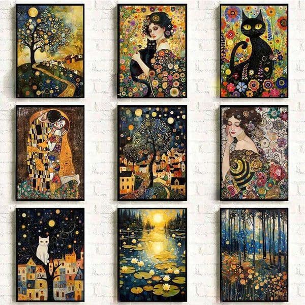 Gustav Klimt Famous Woman and Cat Poster Vintage Gold Night Moon Star Tree Artwork Canvas Painting Wall Art Room Home Decor 26L0505