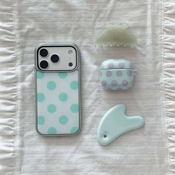 Korean Ins Mint Green Polka Dots Electroplated Drip Glue Phone Case For 17 Air 16 Pro Max 15 14 Plus 13 12 11 Back Cover 26Y0506