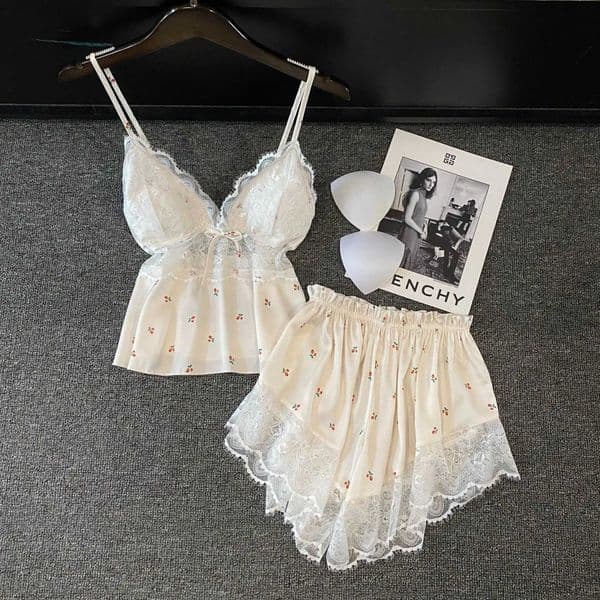 Summer Women Pajamas Lingerie Two Piece Lace Sleepwear Set Sexy Sleeveless Pijamas Suit Satin Suspender TopShorts Homewear S260506