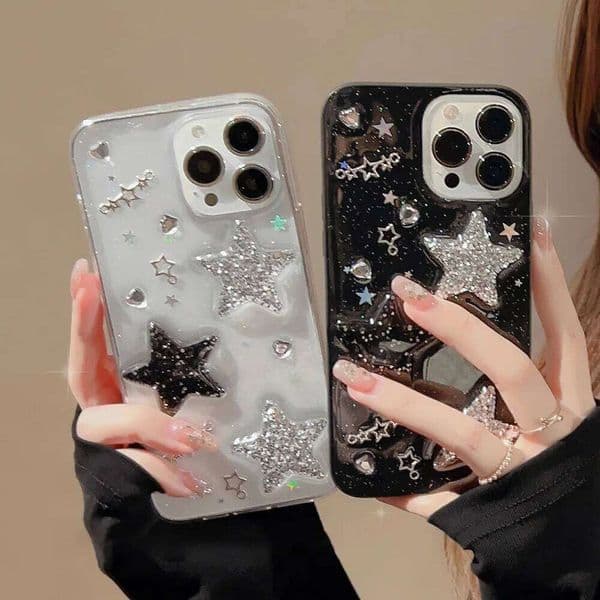 Starry Glitter Phone Case for 15 14 13 12 11 Pro Max X XR XSMAX 7 8 Plus Black with 3D Stars and Rhinestones 26Y0506