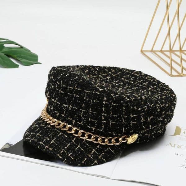 Elegant Designer Women's Berretti: Charming Beige Leatherette Accentuated Flat Top Hat Perfect For Seasonal Outfits