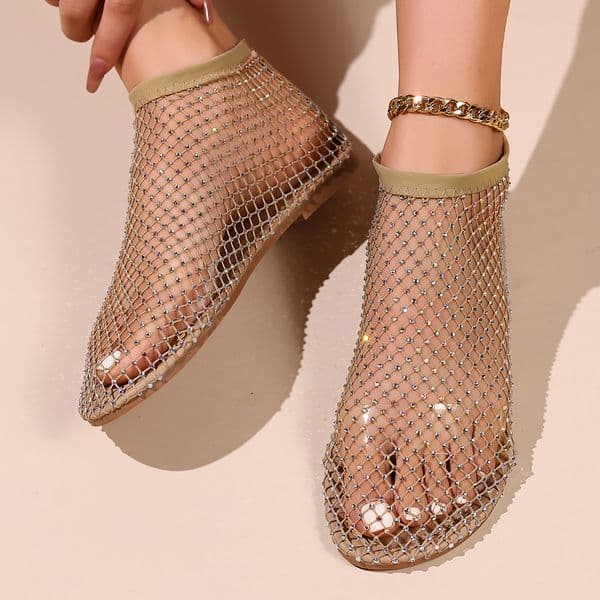 Women Summer New Fashion Mesh Luxurious Sandals Rhinestone Designer Flat Shoes Simple Solid Color Sandals Daily Versatile Round Toe Womens Outdoor Sandals