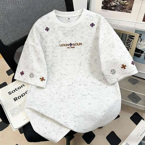 T Shirt Tie-Dye Short-Sleeve T-Shirt With Ethnic Style Embroidery, White, Men's Summer Couple's Half-Sleeve Trendy High Street Loose Casual Top Shirts