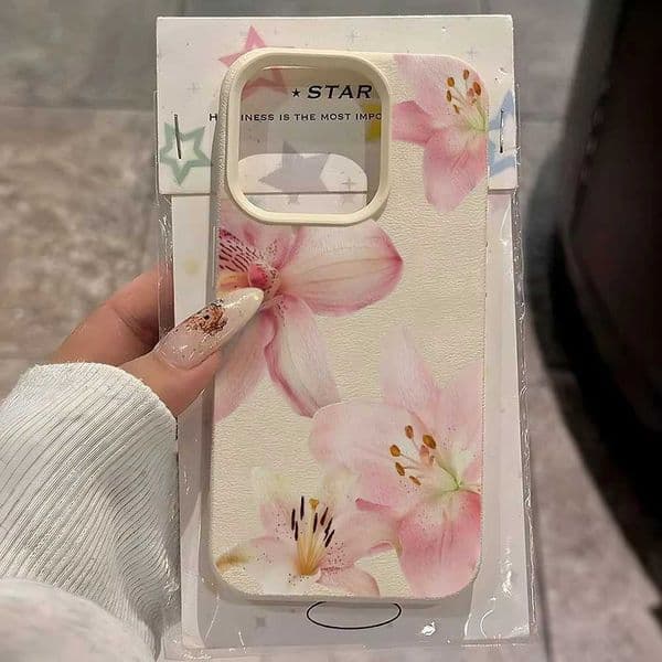 Grace Pink Lily Flower Pattran Lychee Soft Phone Case For iPhone 11 12 13 14 15 16 17 Pro Max 15 14 Plus 17 Air X Xs XR CoverT260506