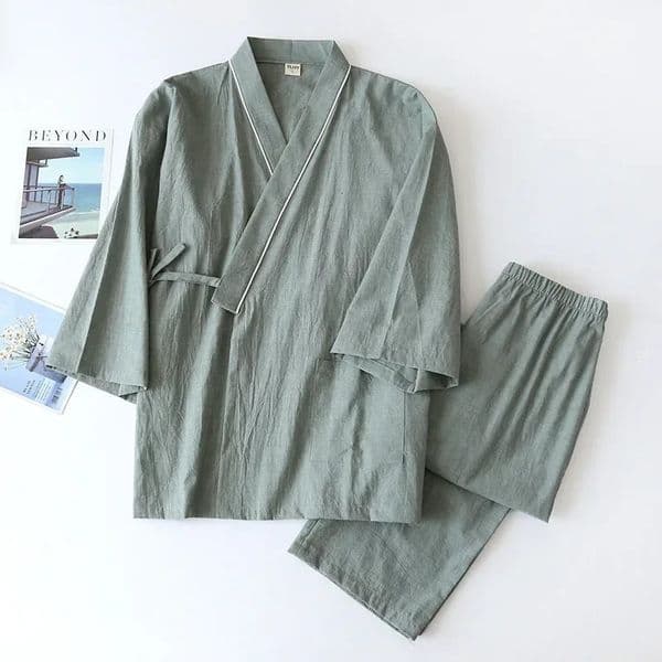 SpringAutumn Japanese Kimono Mens Pajamas Men Sleepwear Male Thin Ninth Sleeve Lace-Up Top Pants Loose Two-piece Homewear 260506