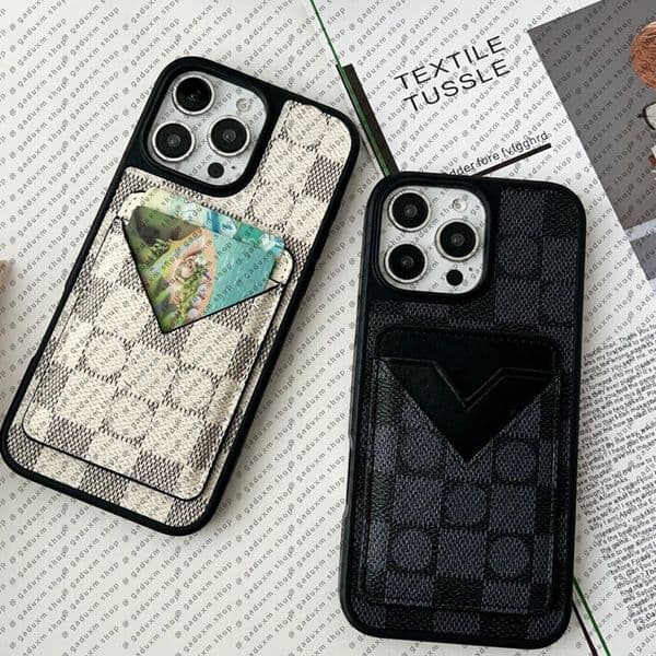 Luxury Leather Designer Phone Case for Apple iPhone 17 16 Pro Max 15 Promax 14 13 Credit Card Holder Pocket Back Cover Coque Funda Black