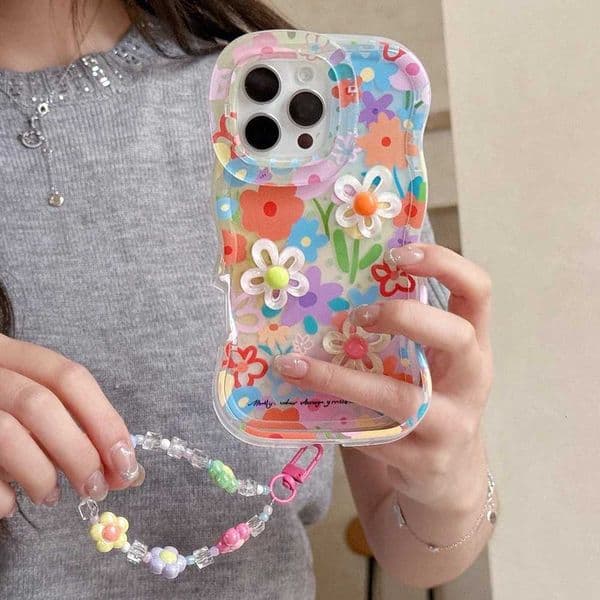 Bead Bracelet Chain Phone Case For IPhone 16 15 14 13 11 12 Pro Max Plus 3D Flower Bracket Holder Stand Lanyard CoverT260506