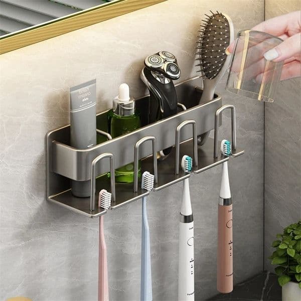Space Aluminum Toothbrush Holder Punch-free Mouthwash Cup Self Wall-mounted Storage Box Gun Grey Electric Toothbrush Rack 250113