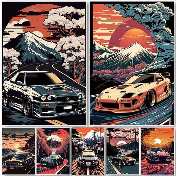 80s Retro Car Japanese Landscape Poster GTR Luxury Cars Canvas Painting HD Print Wall Art Picture Living Room Bedroom Decor 26L0505