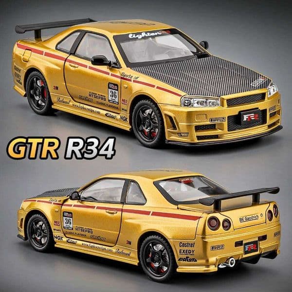 1:24 Scale GTR-R34 M3 Sports Car Model Toy Shock Absorption Pull Back Supercar Metal Body Sound Light Models Kids Presents 26Y0505