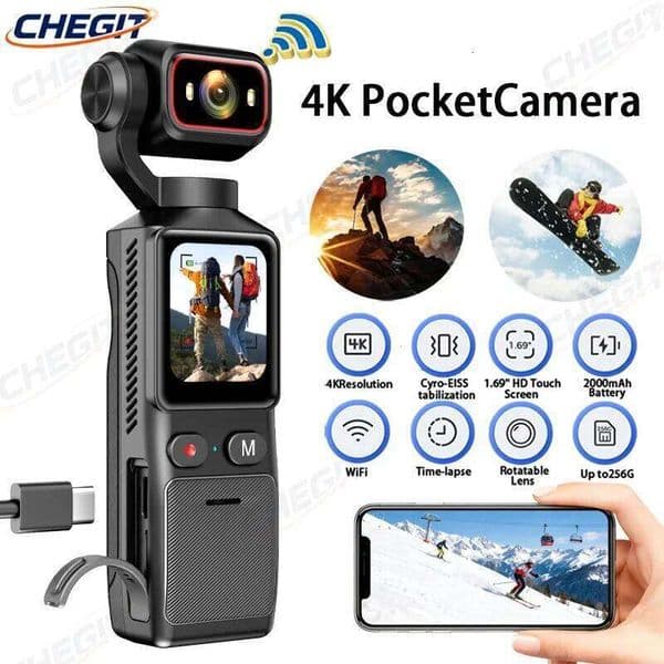 4K Handheld Action Camera with 1.69'' Touchscreen Pocket Video Recording Rechargeable 2000mAh Ideal Holiday Gift 26H0506
