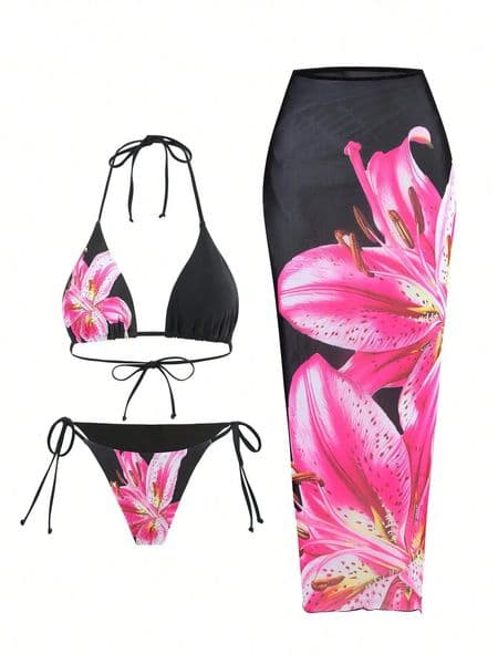 2026 Flower Print Bikini Set Womens High Waist Long Skirt 3 Piece Swimsuit Sexy Mini Triangle Backless Thong Bathing Suit 260430