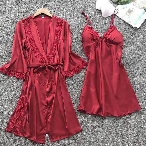 2PCS Leepwear Female Pajamas Set Satin Home Pyjamamas Lace Robe Sleep Suit V-Neck Wedding Nightwear Wear NightyRob S260506