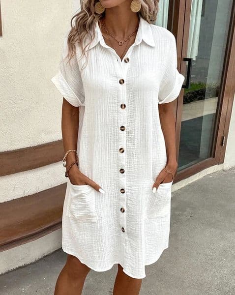 Vintage Women Solid Mini Dress Summer Fashion V-neck Three Quater Sleeve Cotton Linen Dress Ladies Casual Holiday Vestidos 260429