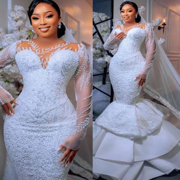 2026 Plus Size Ivory Wedding Dress For Bride Mermaid Wedding Gowns Illusion Sheer Neck Long Sleeves Pearls Beaded Lace Bridal Dresses For African Women D807