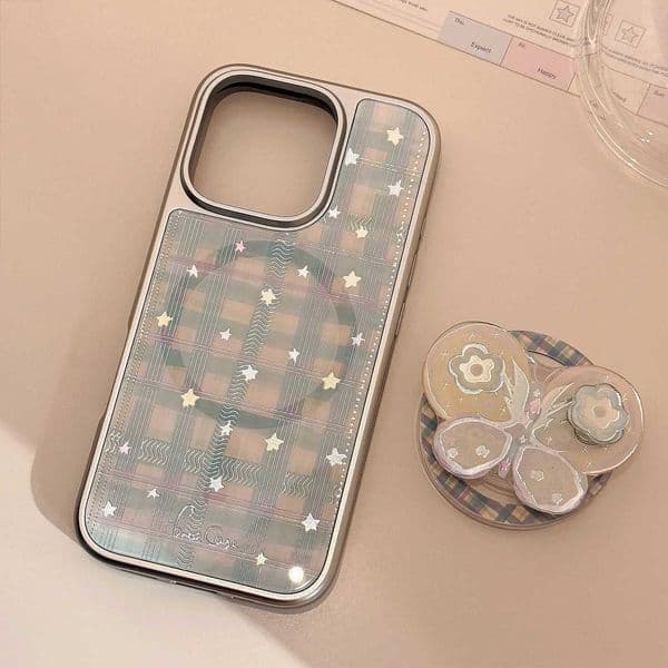 Korean Plaid Stars Rotate Butterfly Magnetic Bracket Phone Case For iPhone 17 16 15 14 13 12 Pro Max Shockproof Protective CoverT260506