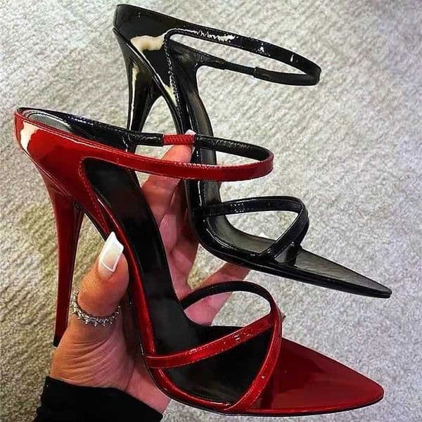 New pointed stiletto high heels red patent leather one-word strap half-drag fashionable versatile high-heeled womens sandals H260506