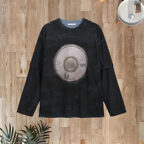Baggy Fit Distressed Ripped Button Design Layered Long Sleeve Tee T Shirt For Men Women 26ss 0506