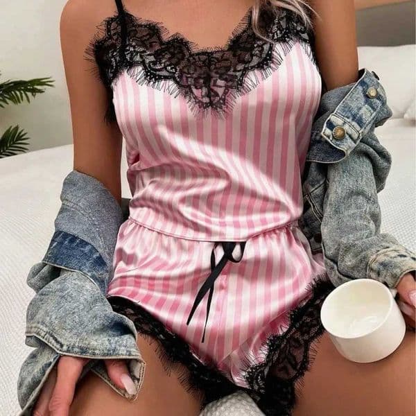 2pcs Trendy Breathable Womens Pajama Set Pink Striped V Neck Sleepwear Comfortable Silky Lace Sexy Lingerie Summer S260506