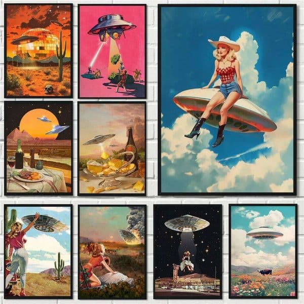 Retro Cartoon Abstract Funny UFO Alien with Woman Poster Canvas Art Painting Prints Home Room Wall Picture Decoration Gift 26L0505