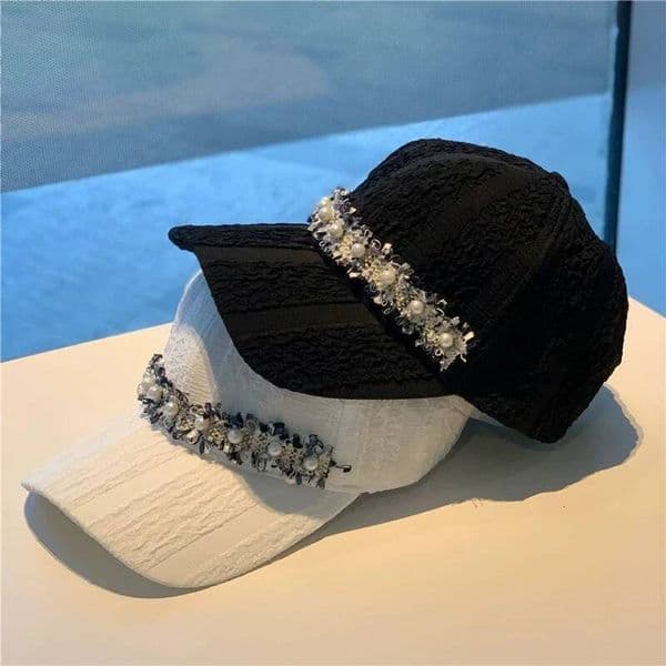 Women's Pearl And Rhinestone Baseball Cap: Spring/Autumn Striped, Versatile Casual Sun Hat