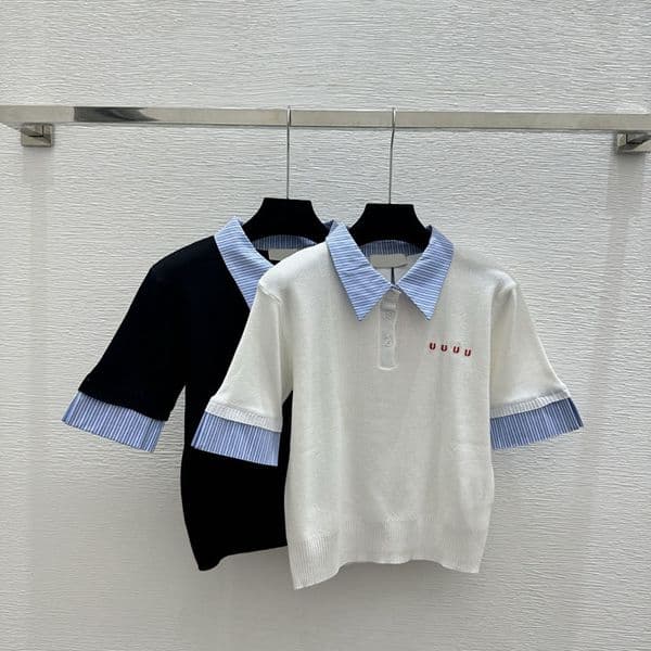 Women Classic T Shirt Lapel Neck Patchwork Simple Brand Knitted Tee Summer Street Vacation Elegant Short Sleeve Top