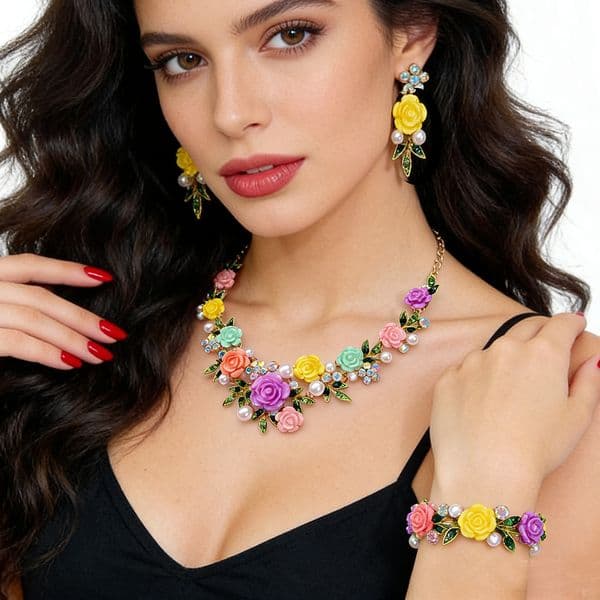 Environmentally Friendly Full Diamond Camellia Necklace Bracelet Earrings Set Court Light Luxury Dress Niche Pearl Collarbone Chain Accessories