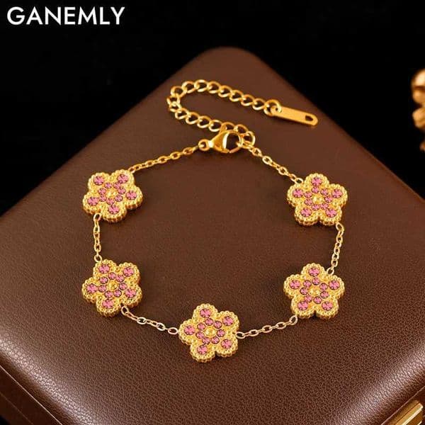 GANEMLY 316L Stainless Steel Double-sided Pink Zircon Five Leaf Clover Bracelet For Women Fashion Wrist Chain Jewelry Lady Gift Z260506