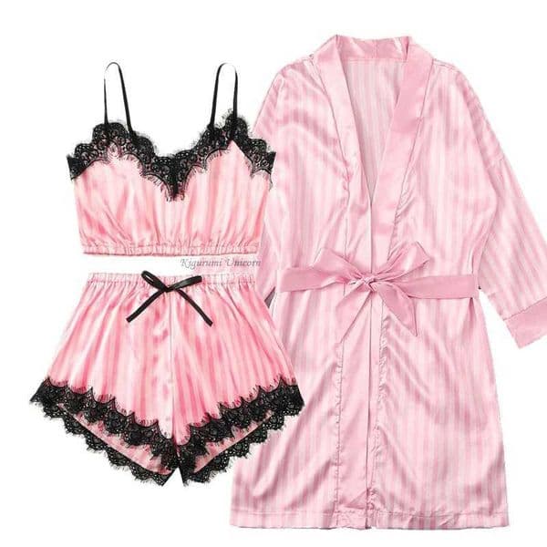 Silk Satin Lace Robe and Pajamas set Women Summer Faux Silk Sleepwear Pink Stripe Pijamas Bathrobe NightGown Homewear Robe Set S260506