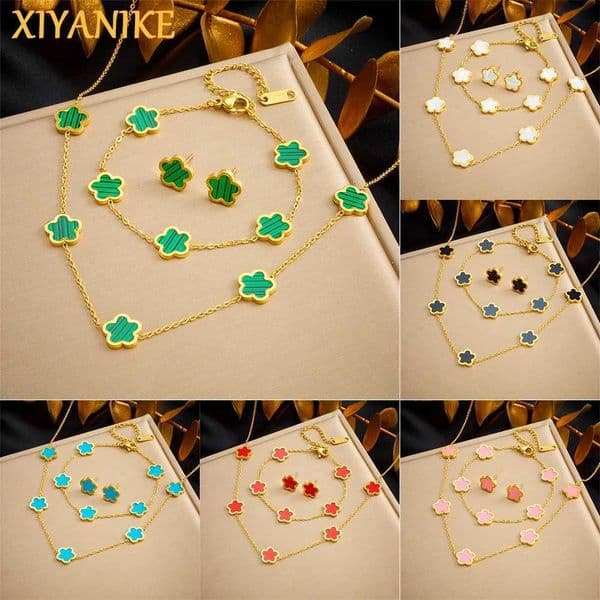 XIYANIKE 316L Stainless Steel 5-Leaf Flower Earring Bracelet Necklace Jewelry Set Exquisite Clover Accessory Women Trendy Gift Z260506