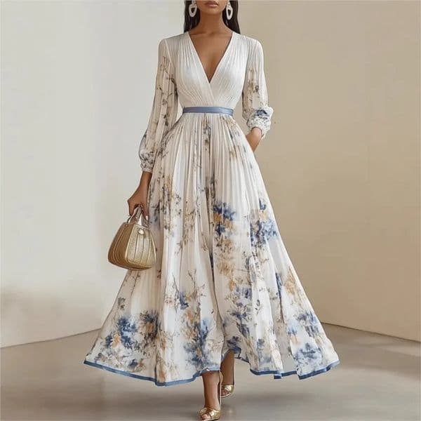 Womens Pleated Dress Spring Autumn Florat Printed Deep V-neck Long-sleeved Fashion Maxi Elegant Party Dresses For Women 260429