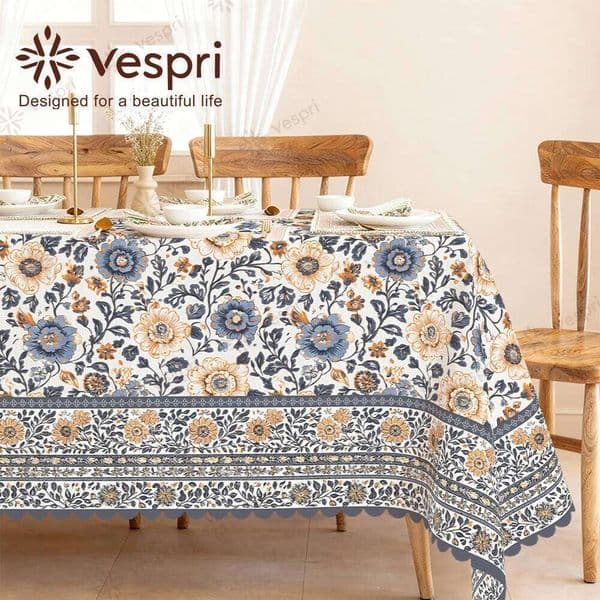 Vespri Spring Tablecloth Floral Easter White Blue Flowers Stripes Round Rectangle Oval Polyester 26Y0506