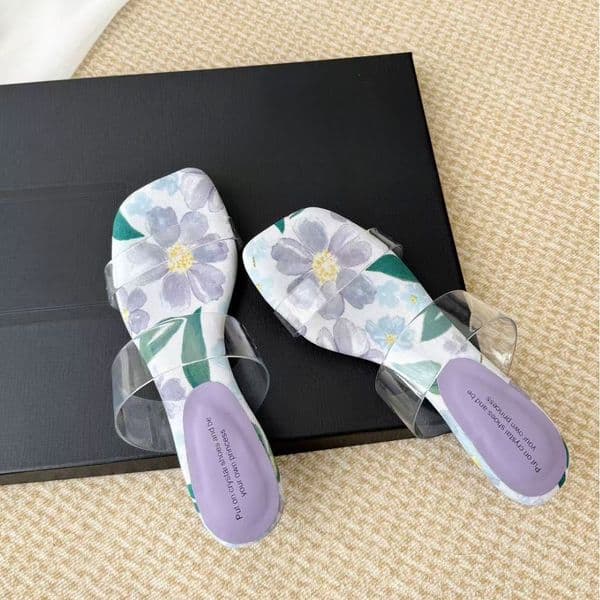 2026 new spring/summer fashionable women's slippers with transparent open toe French print large size suitable for matching with skirts and vacation shoes