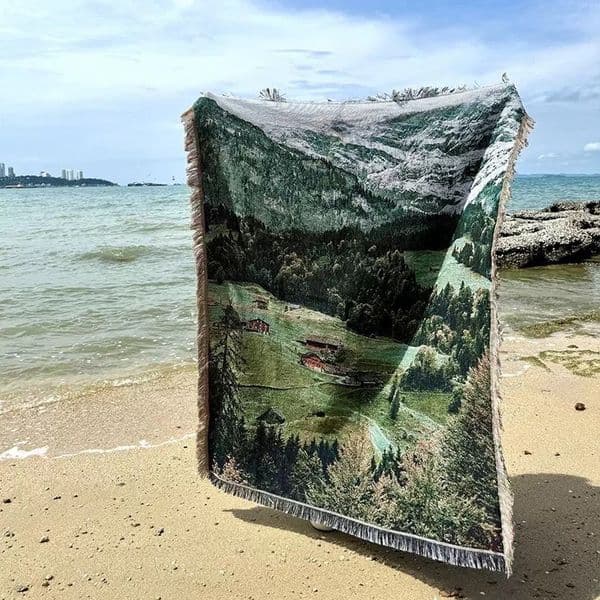 European Alpine Landscape Woven Throw Blanket Mountain Forest Jacquard Tapestry Picnic Mat Sofa Cover Cottagecore Wall Hanging