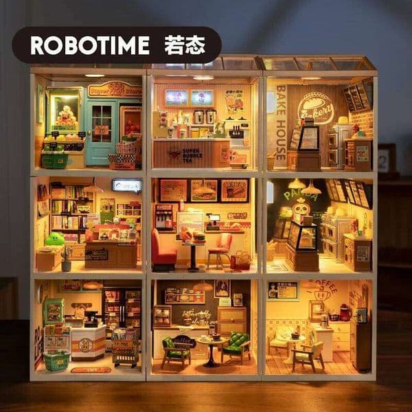Robotime Rolife Super Creator Series Plastic Dollhouse Building Blocks for Kids Yum Burgers Leisurely Cheers Bar Sweet Sips Tea 26W0507