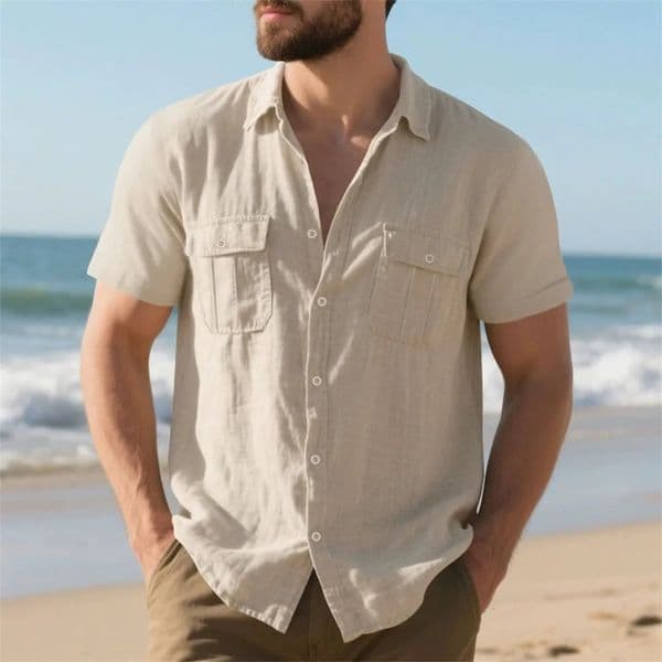 Summer Mens Cotton Linen Short Sleeve Shirt Double Pocket Solid Color Cargo Shirts Casual Vacation Beach Style Lightweight Tops 260506