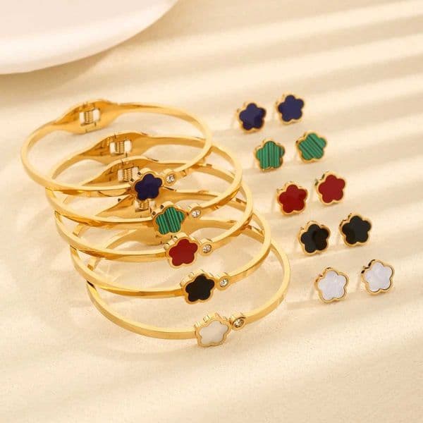 Stainless Steel 2PC Metal Plant Five Leaf Plum Blossom Bracelet Earrings For Womens New Design 18K Gold Plated Clover Z260506