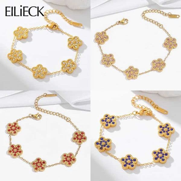 EILIECK 316L Stainless Steel Double-sided Colorful Zircon Five Leaf Clover Bracelet For Women Trendy Wrist Chain Jewelry Gift Z260506