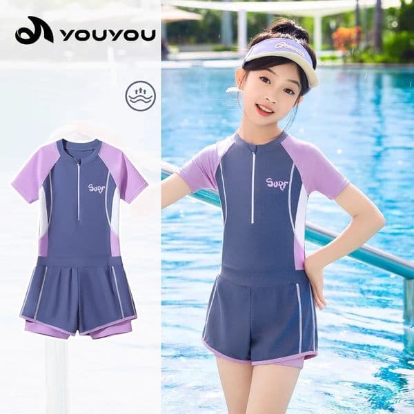 Kids UV Protection Short Sleeve Quick-Dry Sports SwimWear Girl One Piece Outdoor Water Sports Surfing Beah Athletic Bathing Suit 260506