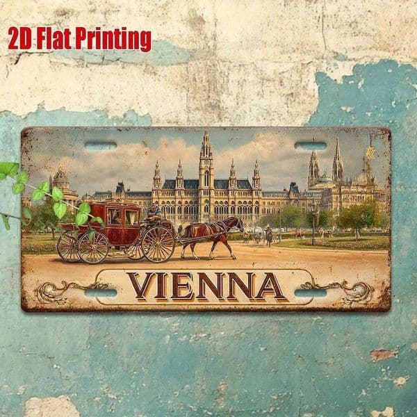 2D flat, 1 piece of retro metal license plate wall art - "Vienna"aluminum plaque with carriage and historic architectural design 26Y0507