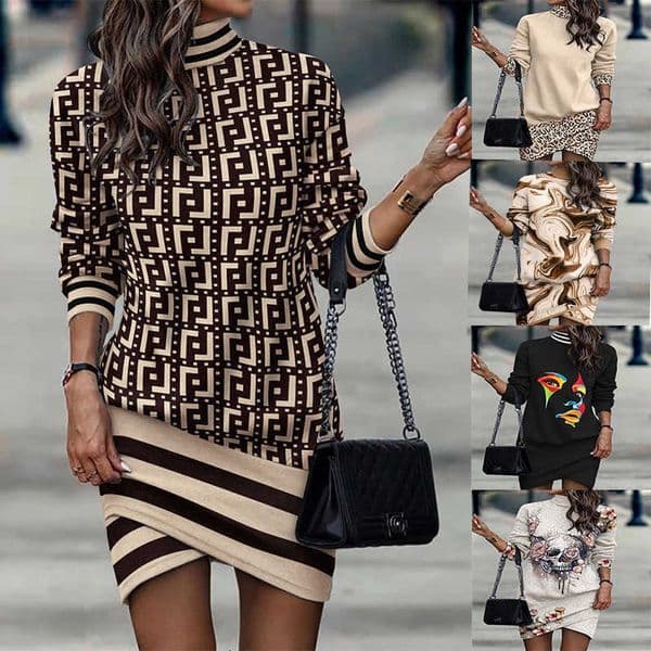 Two Piece skirt Set Woman Plus Size 3Xl Designer Dress Long Sleeve High Collar dress Fall And Winter Printed Irregular Dresses For Woman Clothing Outfits Elegan