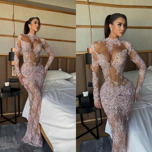 Exquisite Evening Dresses Lace Bodice Long Sleeves Prom Dress Rhinestones Luxury Party Gown Gala Vestidos Customized