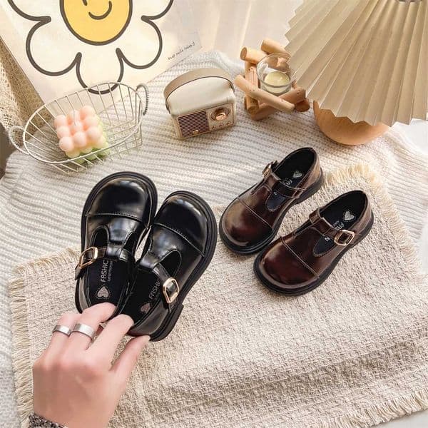 Spring Girls Leather Shoes Sewing Hook-loop Daily Chic Kids Flat Shoe Black Brown Anti-slip Glossy School Children Shoes 7-12YT260507