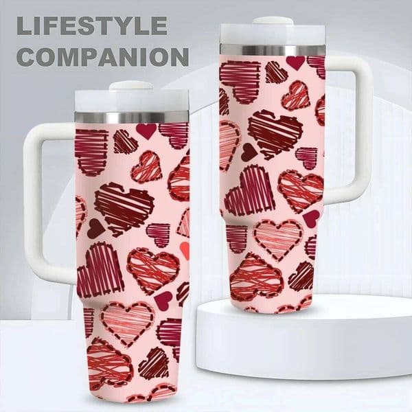Valentine's Day Pink Flasks 40oz Stainless Steel Vacuum Insulated Tumbler with Straw Leak Resistant Travel Mug 26L0507
