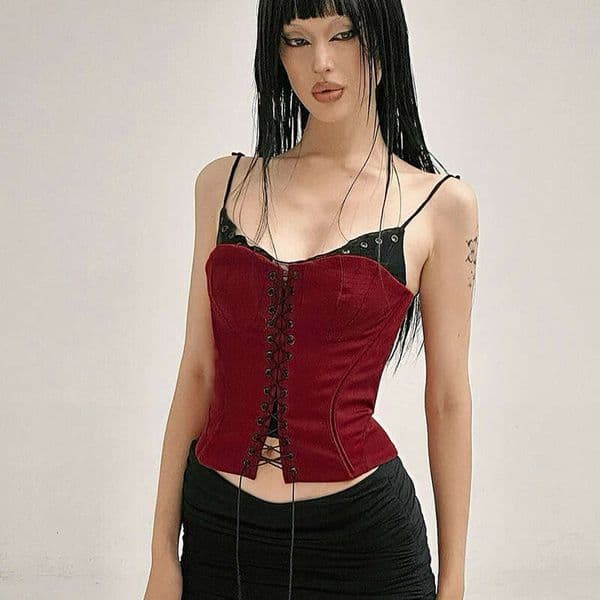 Style Unique Sexy Women S Clothing Faux Two Piece Color Blocking Eyelet Strap Tank Top Slim Fit Waist Cinching Slimming Camisole Luanyun