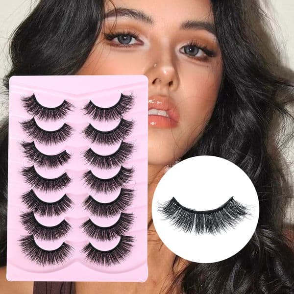 Faux Mink False Eyelashes Natural Look - 7 Pairs 3D Volume Fluffy Strip Lashes Soft Lightweight, Reusable Thick Wispy Eyelash Extensions Easy Application