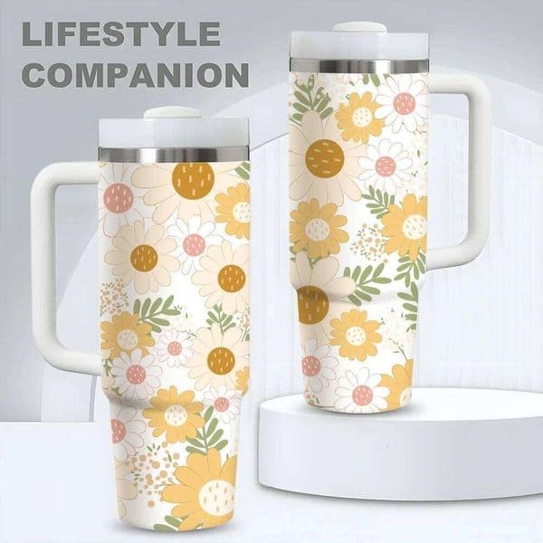 Cute Floral Print Flasks 40oz Stainless Steel Vacuum Insulated Tumbler with Straw Leak Resistant Travel Mug 26L0507