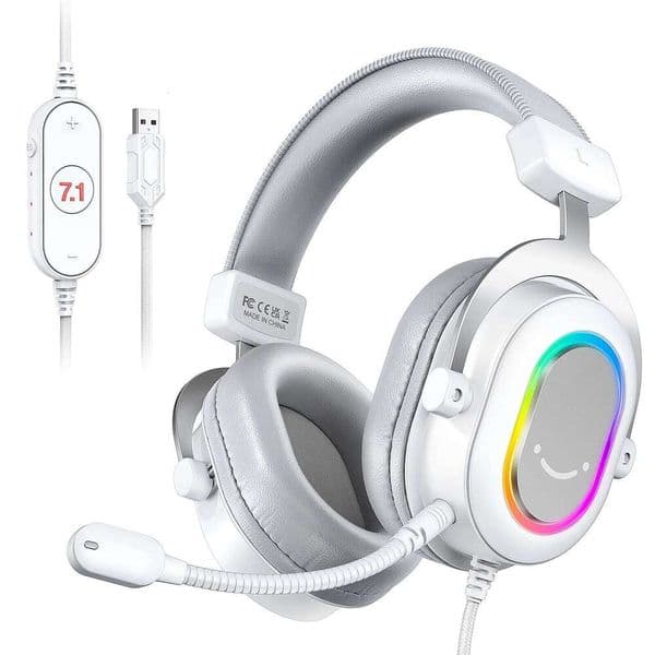 FIFINE RGB Gaming Headset 7.1 Surround Sound/3-EQ/MIC,Over-ear Headphone with In-line Control for PC PS4 PS5 Ampligame-H6W 26W0507