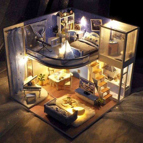 2026 Labubu Outfit DIY Handmade Doll House Music + LED Light Piano Villa doll reborn Duplex Building Wooden Miniature Dollhouse Furniture Telescope Room Toy Girl